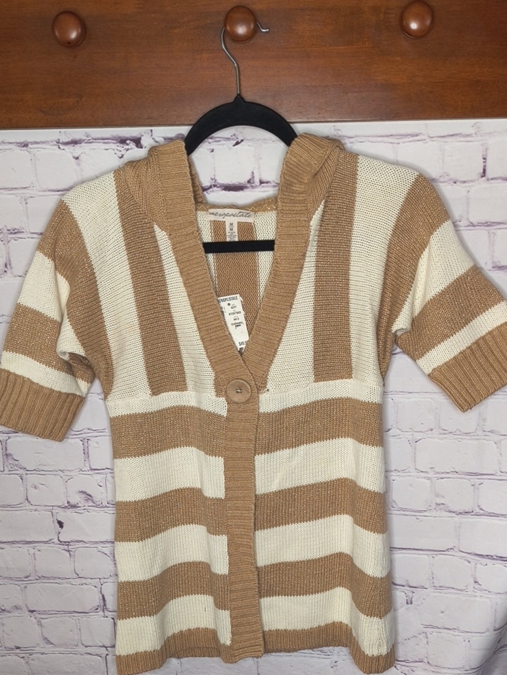 NWT Aeropostale Cream/Tan Striped Short-Sleeve Hooded Cardigan Size M AE